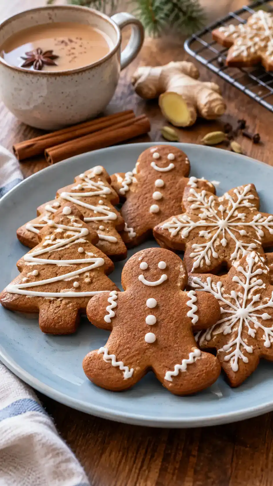 Chai gingerbread cut-outs with fragrant cardamom, cinnamon, ginger, cloves and a gentle hint of black pepper.