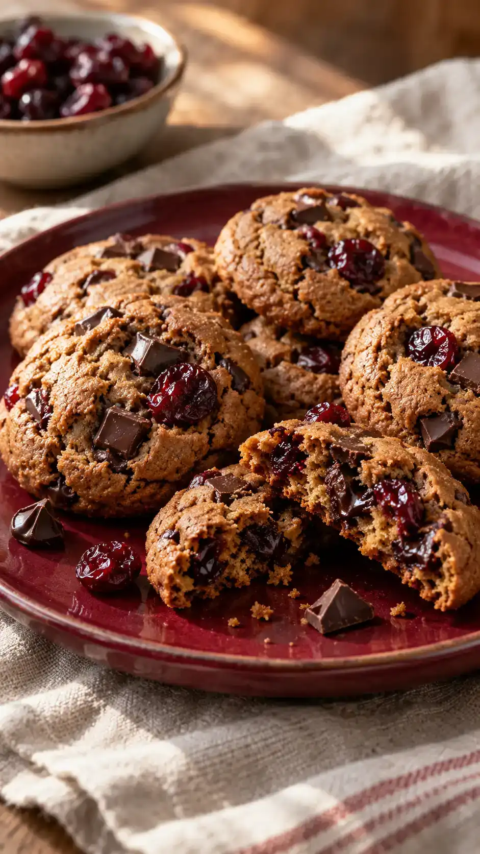Cherry chocolate gingerbread cookies with chewy dried cherries and distinct semi-sweet chocolate pockets in a molasses dough.