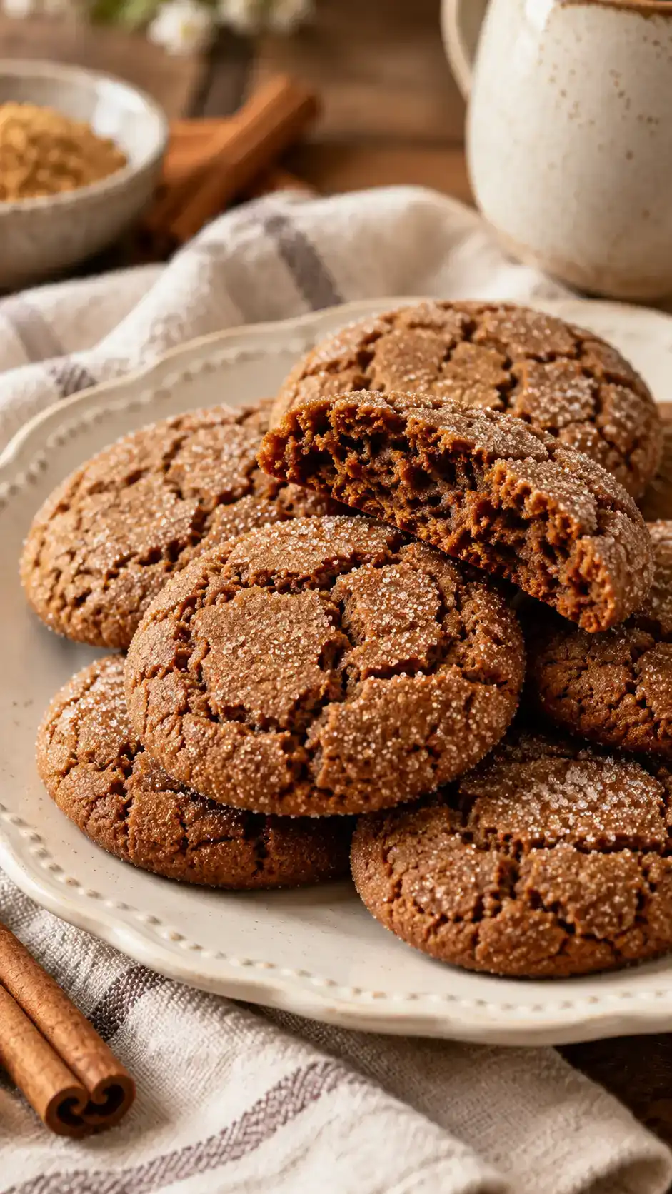 Round brown gingerbread cookies with sugar-crackled tops and a broken cookie showing the chewy center