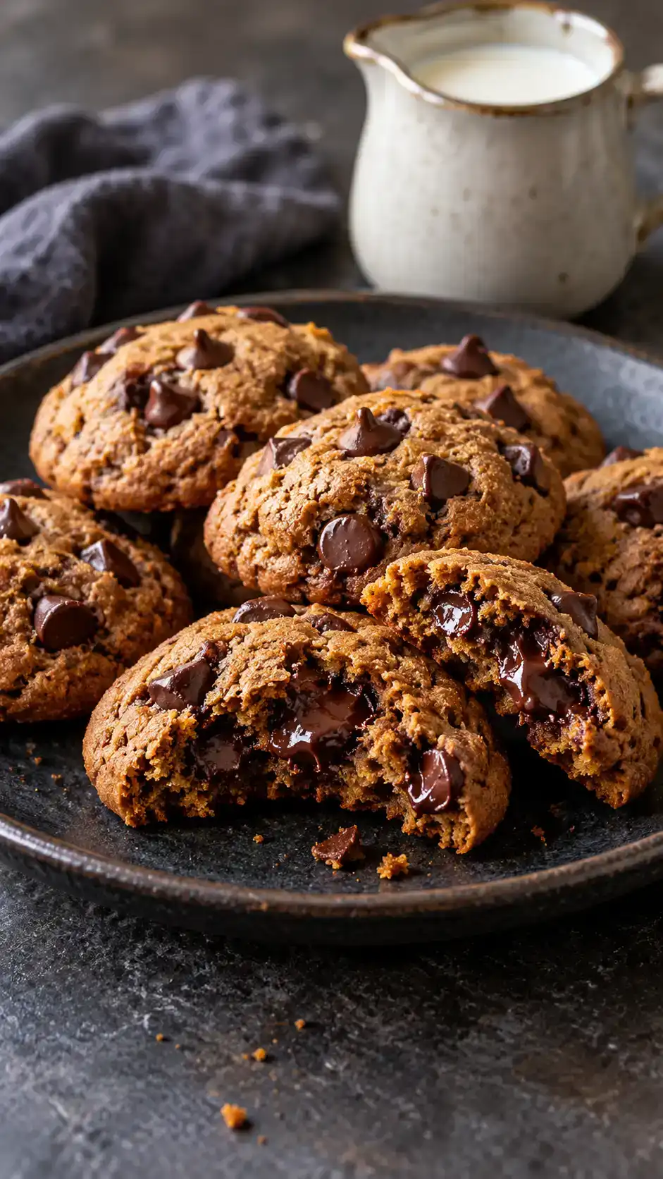 Soft chocolate chip gingerbread cookies with a warmly spiced molasses dough and distinct semi-sweet chocolate chips.