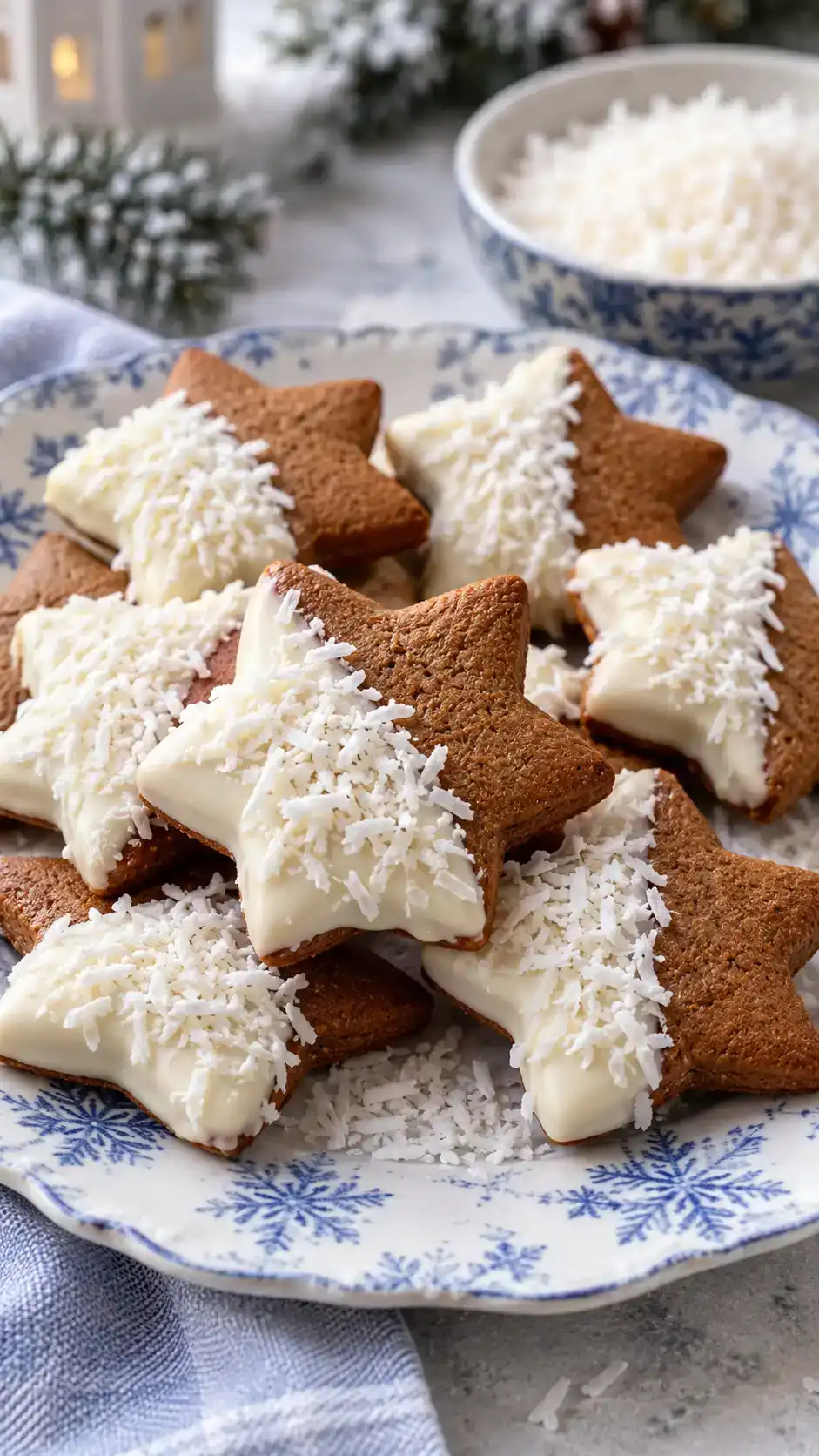Coconut gingerbread stars half dipped in white chocolate and finished with a visible snowy layer of shredded coconut.
