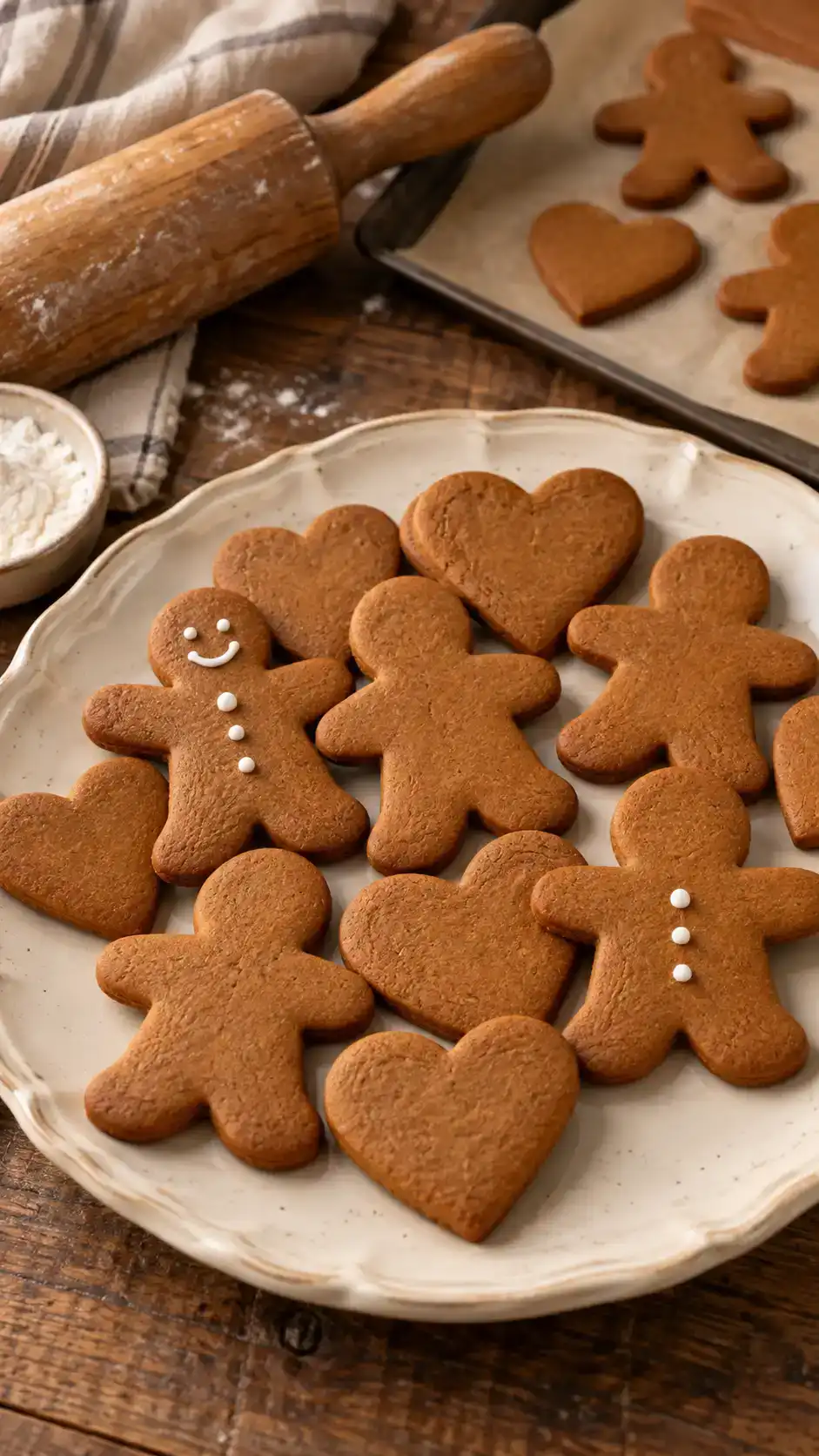 Homemade gingerbread people and heart cookies on a cream plate with a rolling pin in the background