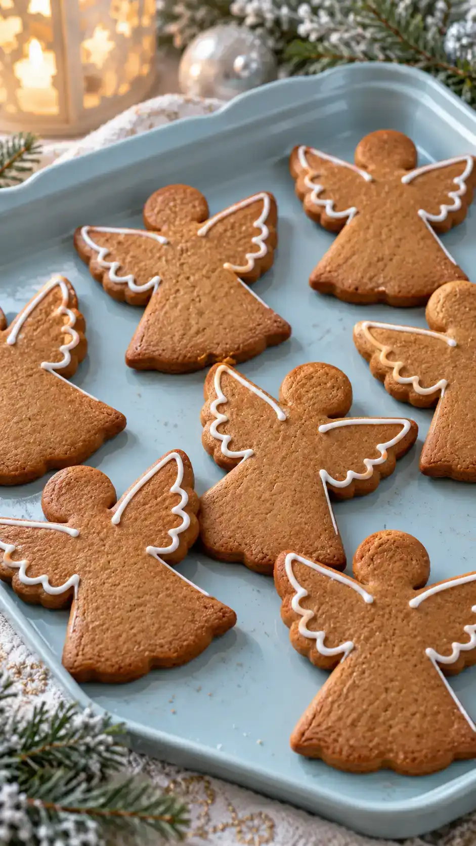Gingerbread angel cookies with clearly defined Christmas shapes and simple white icing details.