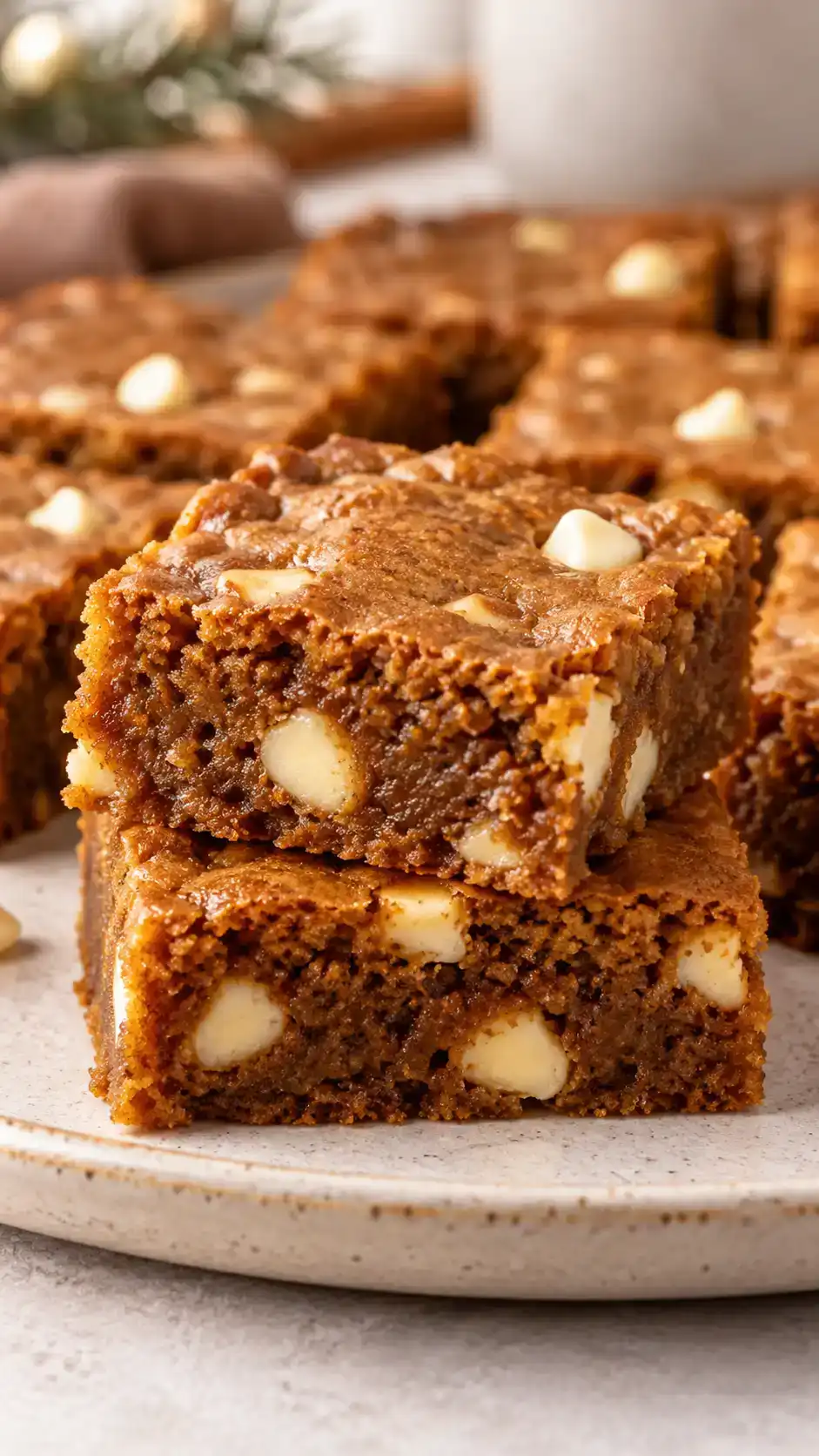 Chewy gingerbread blondies with toasted brown butter, molasses and white chocolate chips in a single golden-brown layer.