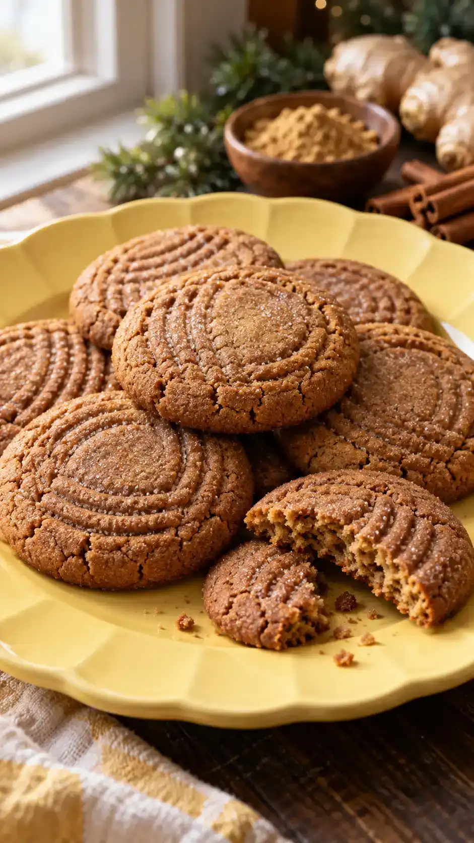 Fine-crumb gingerbread-spiced butter cookies, pressed into small rounds with simple fork markings.