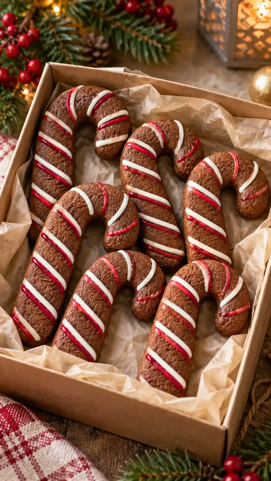 Candy cane-shaped gingerbread cookies with tidy red and white icing stripes and visible molasses-brown cookie edges.