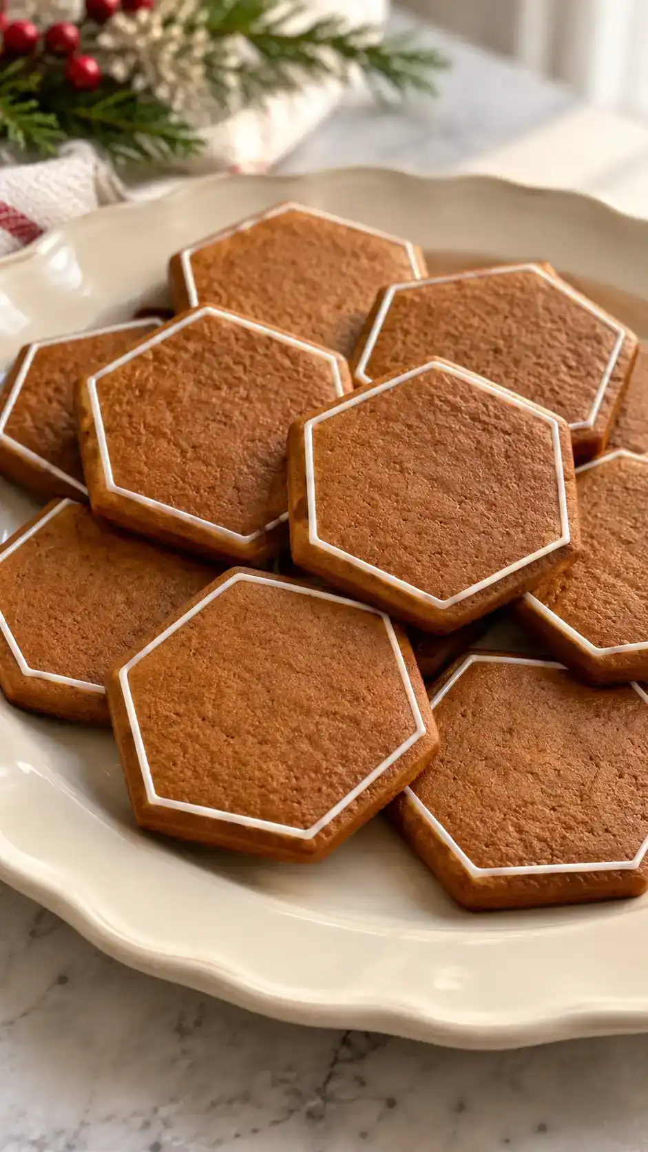 Molasses gingerbread hexagon cookies using baking soda as the sole leavener, without baking powder.