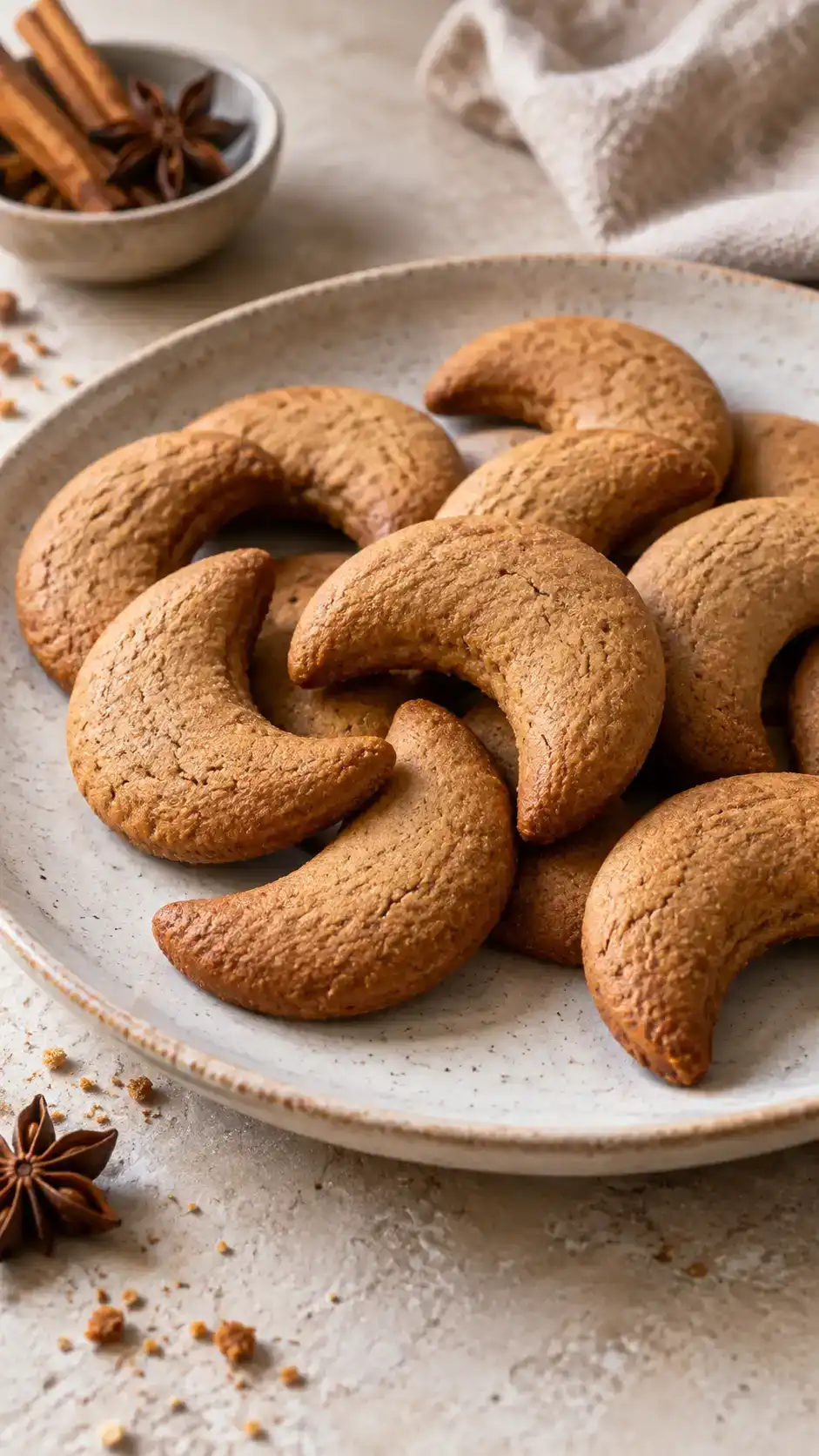 Butter-free gingerbread crescents made with plant-based baking sticks, molasses and a flaxseed binder.