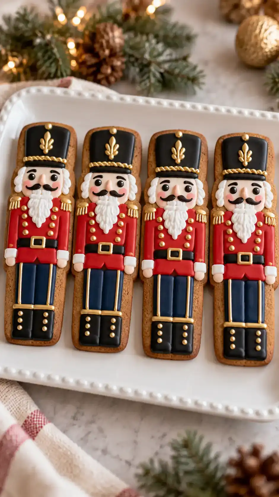 Rectangular gingerbread nutcracker cookies decorated with tall black hats, red jackets, white beards and little gold-colored buttons.