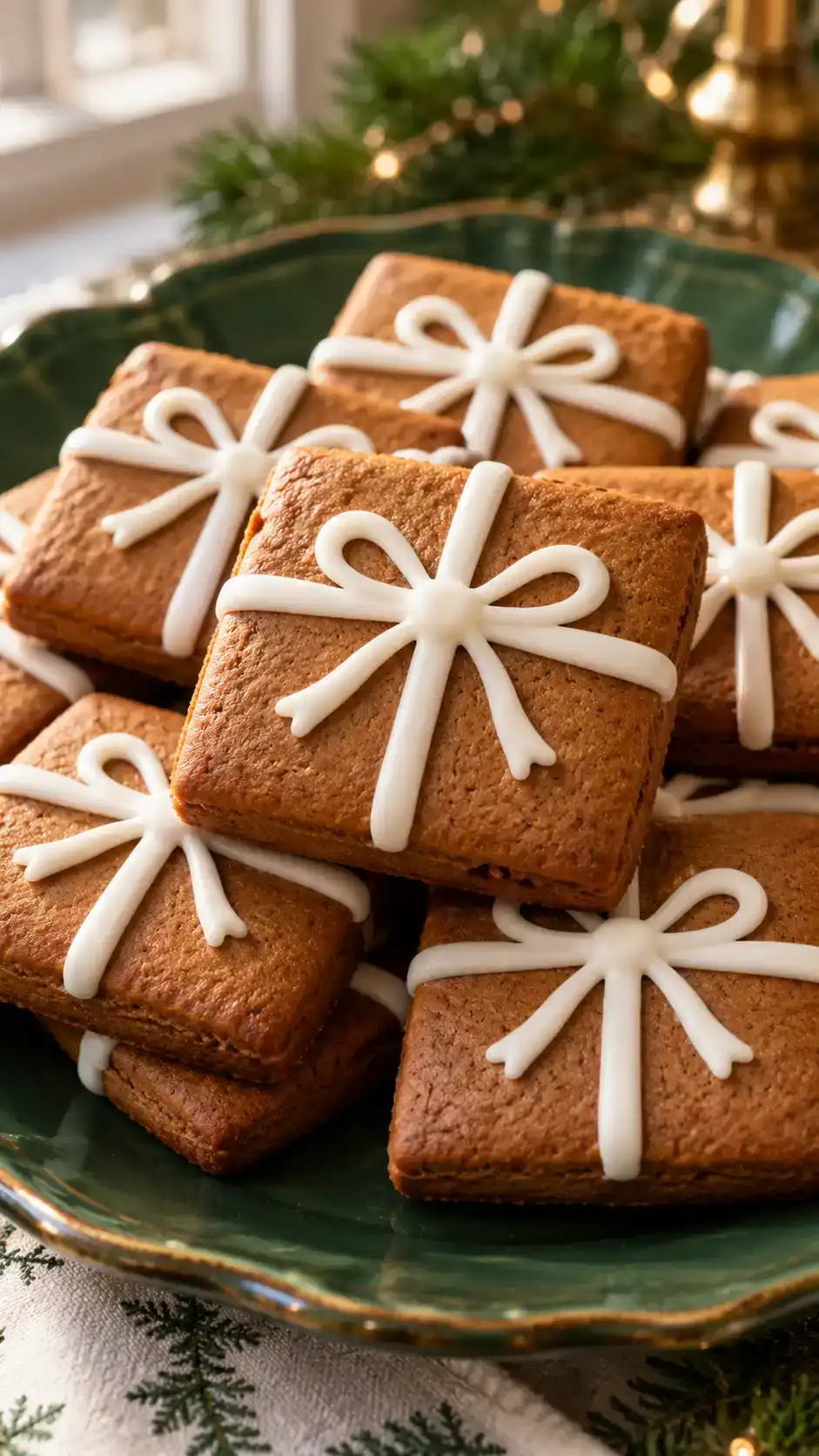 Gingerbread present cookies with clearly defined Christmas shapes and simple white icing details.