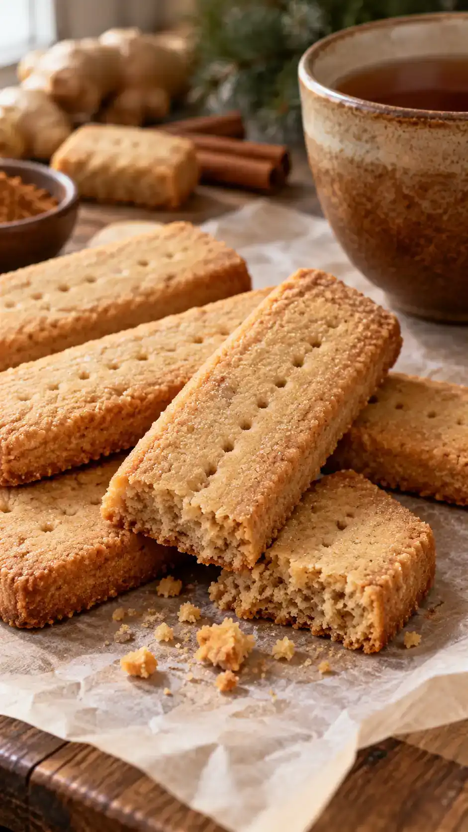Buttery gingerbread-spiced shortbread fingers with finely minced crystallized ginger, fork-pricked tops and a delicate crumbly finish.