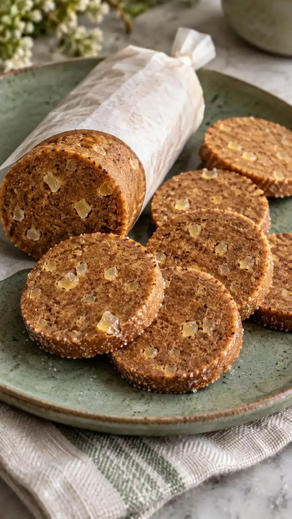 Chilled-log gingerbread slice-and-bake butter cookies with neat round edges and finely minced crystallized ginger flecks.