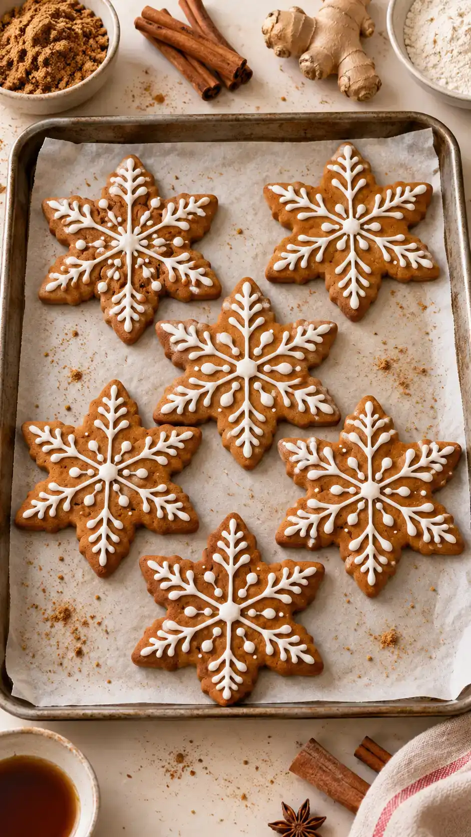 Gingerbread snowflake cookies with delicate white icing branches and crisp, clearly defined points for a winter cookie platter.