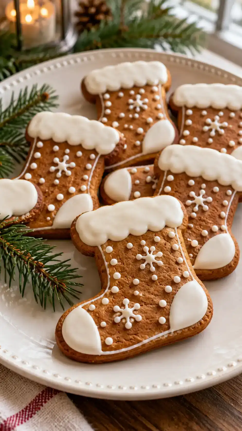Gingerbread stocking cookies with clearly defined Christmas shapes and simple white icing details.