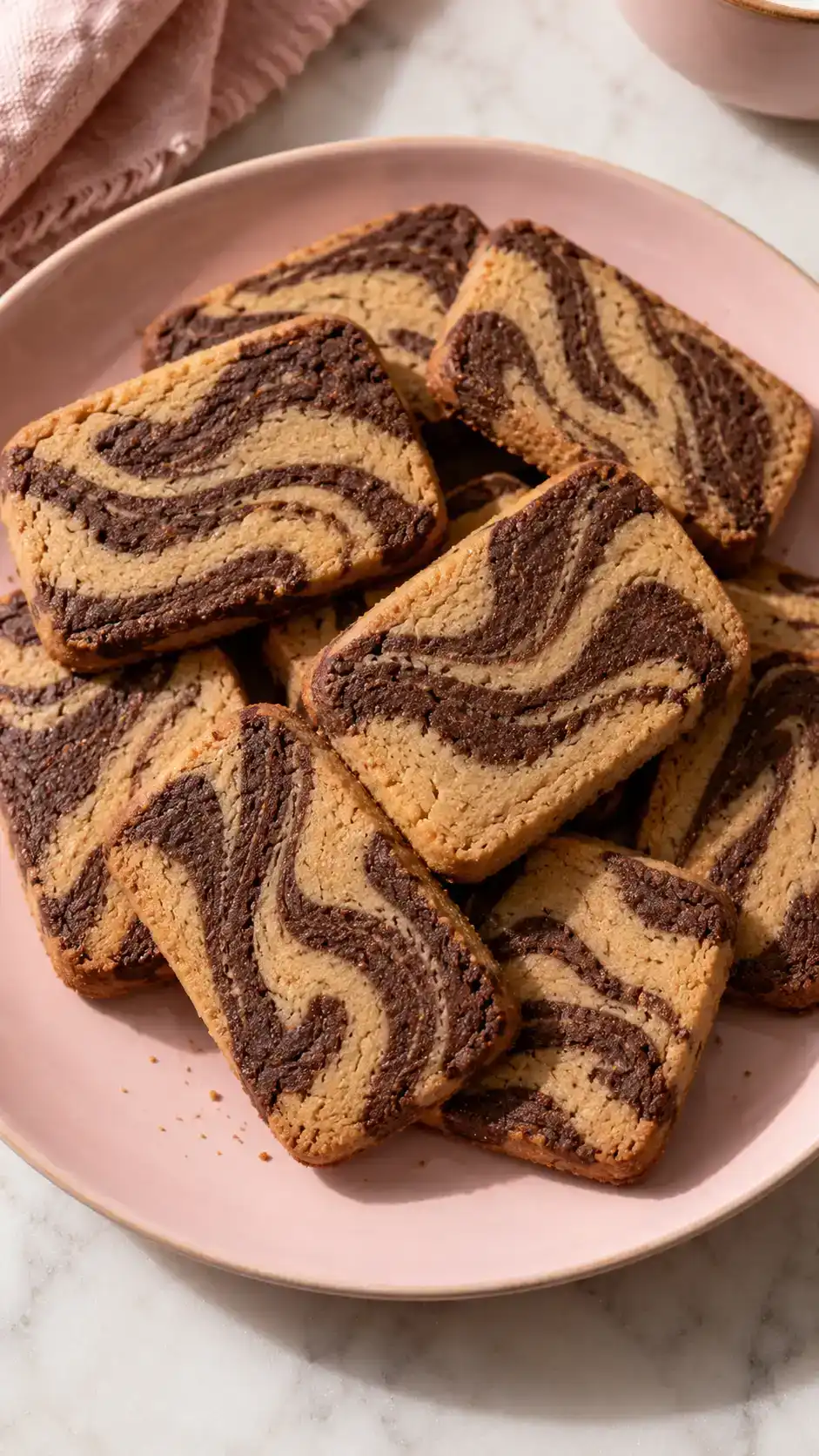 Chocolate and gingerbread swirl cookies with a bold two-color marbled pattern in tidy rectangular slice-and-bake cookies.