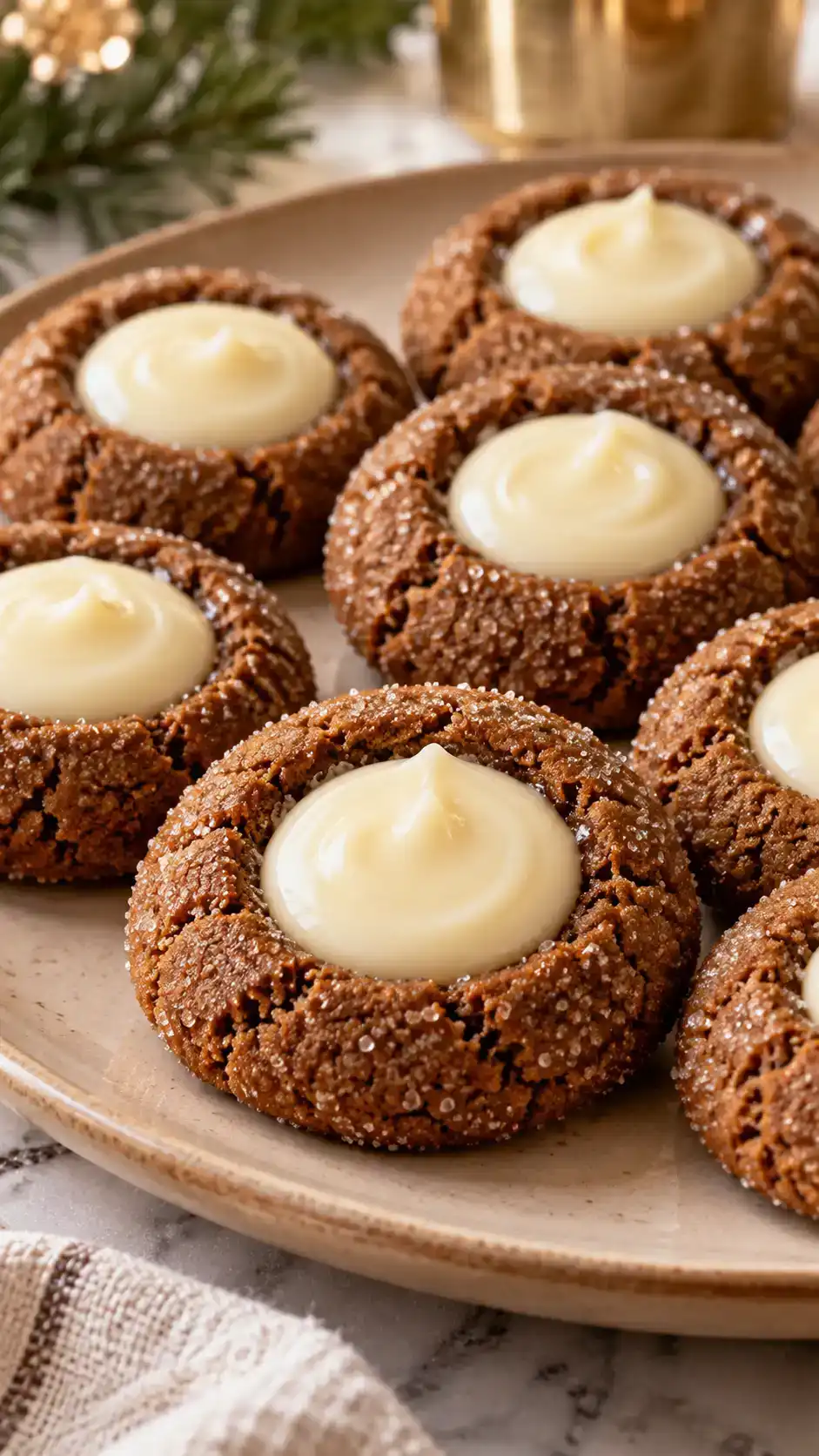 Gingerbread thumbprint cookies with sugar-crusted edges and smooth ivory white chocolate ganache centers.