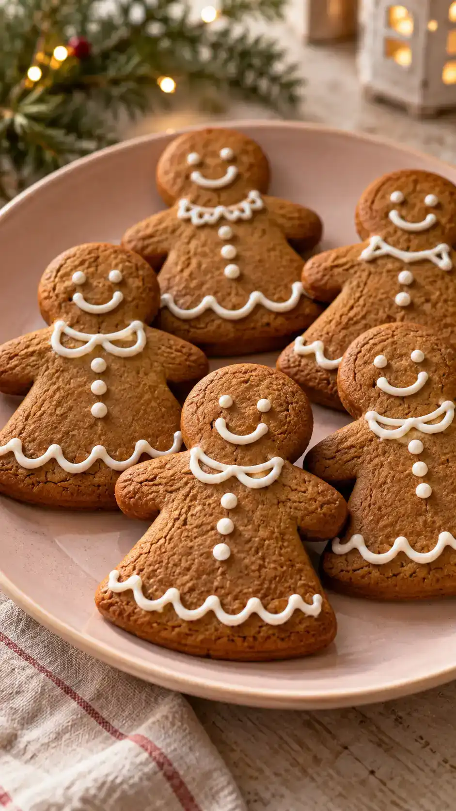 Gingerbread woman cut-out cookies with a clear Christmas silhouette and fine white icing details.