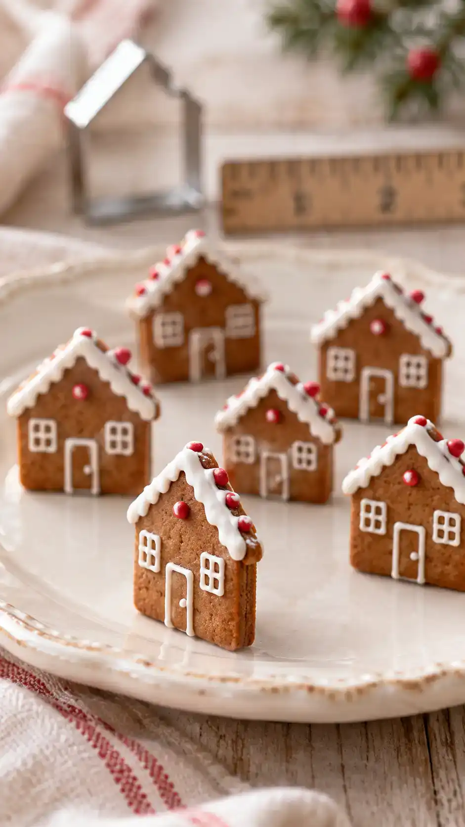 Mini gingerbread house cookies: two-inch flat houses with snowy white roofs, tiny piped windows and doors.