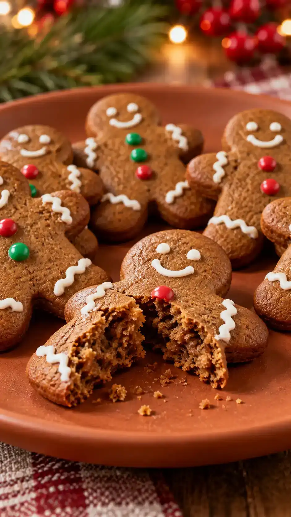 Bite-size mini gingerbread men with tiny icing details, made with a 1 1/2-inch cutter for festive treats and cookie-box accents.