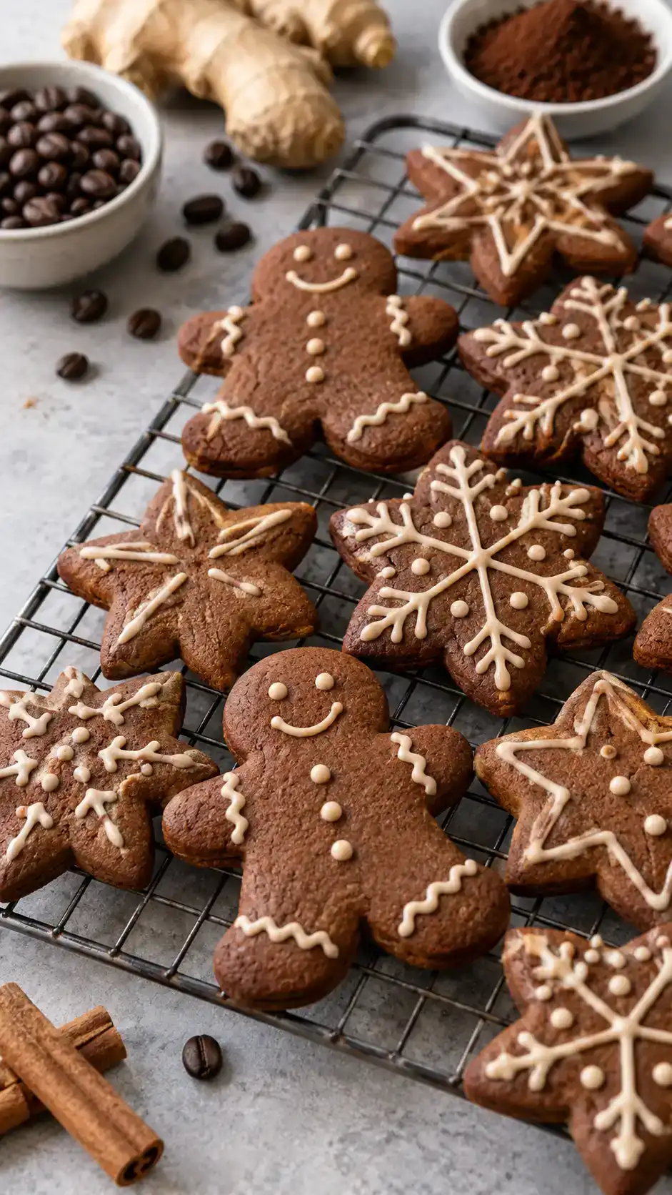Chocolate molasses gingerbread cut-outs with instant espresso in the dough and delicate coffee icing details.