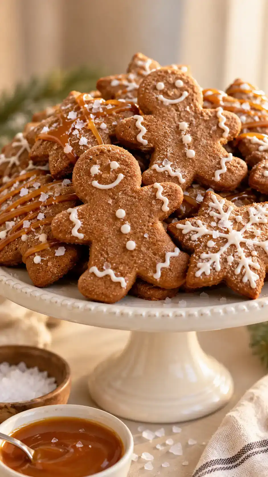 Gingerbread cut-outs drizzled with glossy caramel and finished with a few delicate flakes of sea salt.