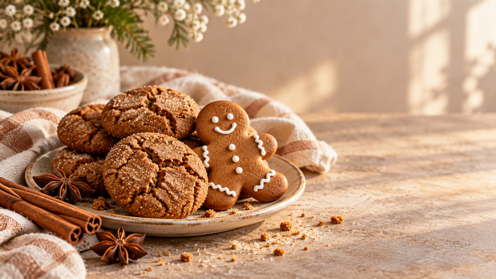 Gingerbread cookies and a decorated gingerbread person in a cozy kitchen