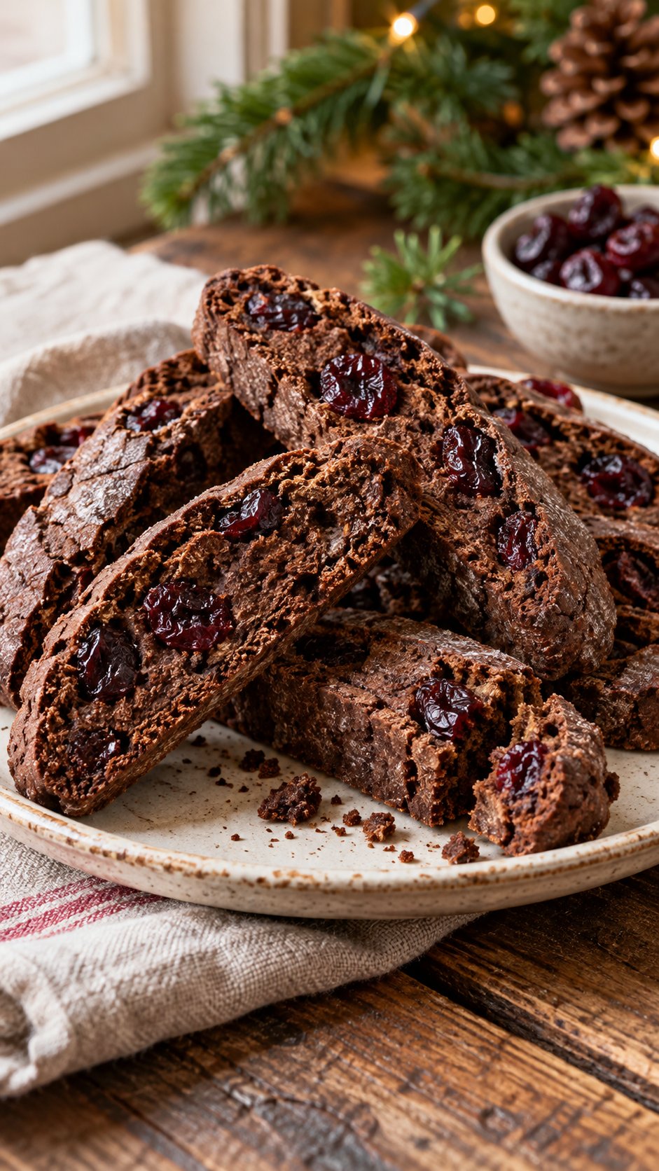 Cocoa biscotti with tart dried cherries and small semisweet chocolate pockets.