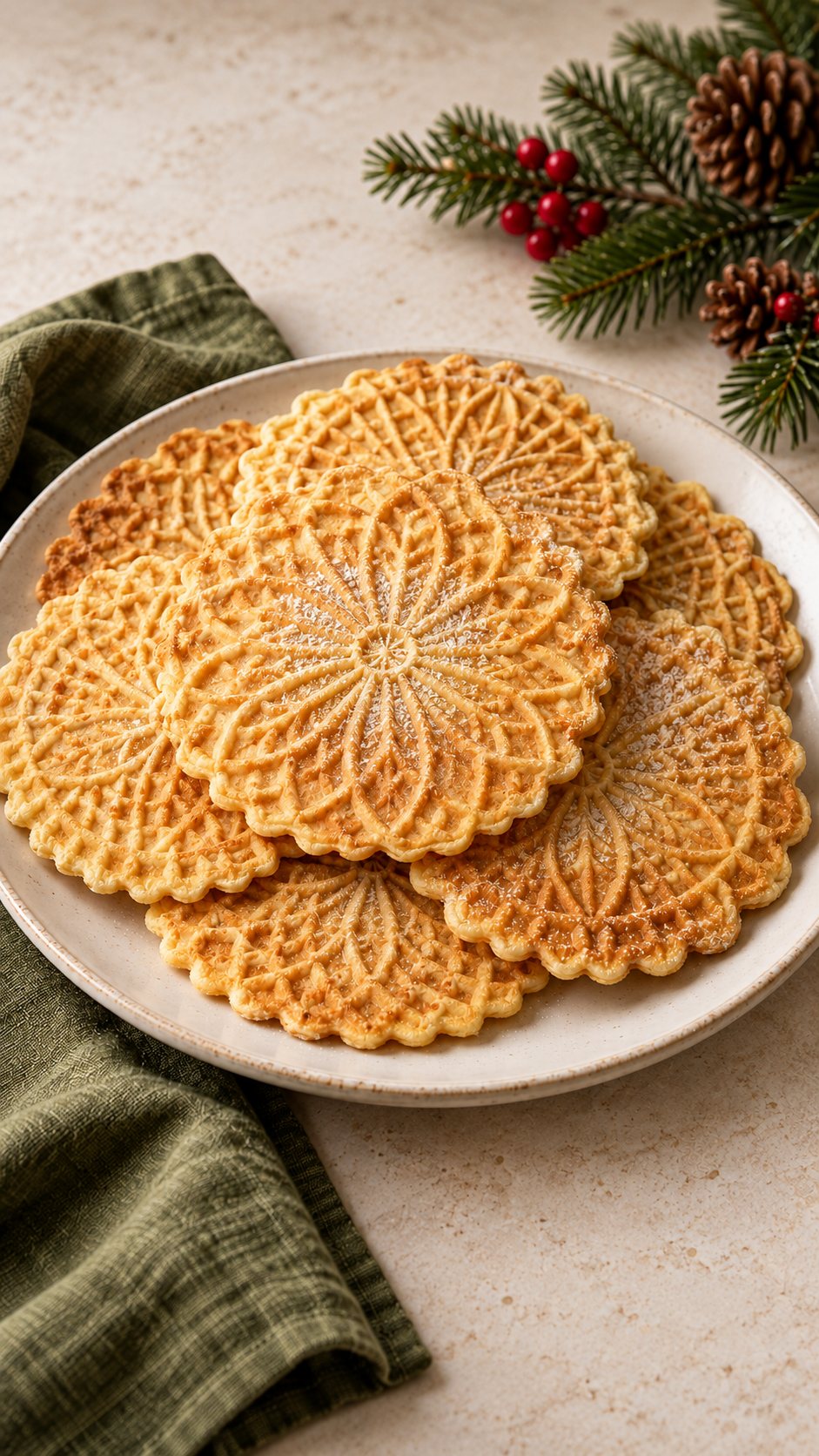 Thin vanilla waffle cookies with delicate patterns and a crisp finish.