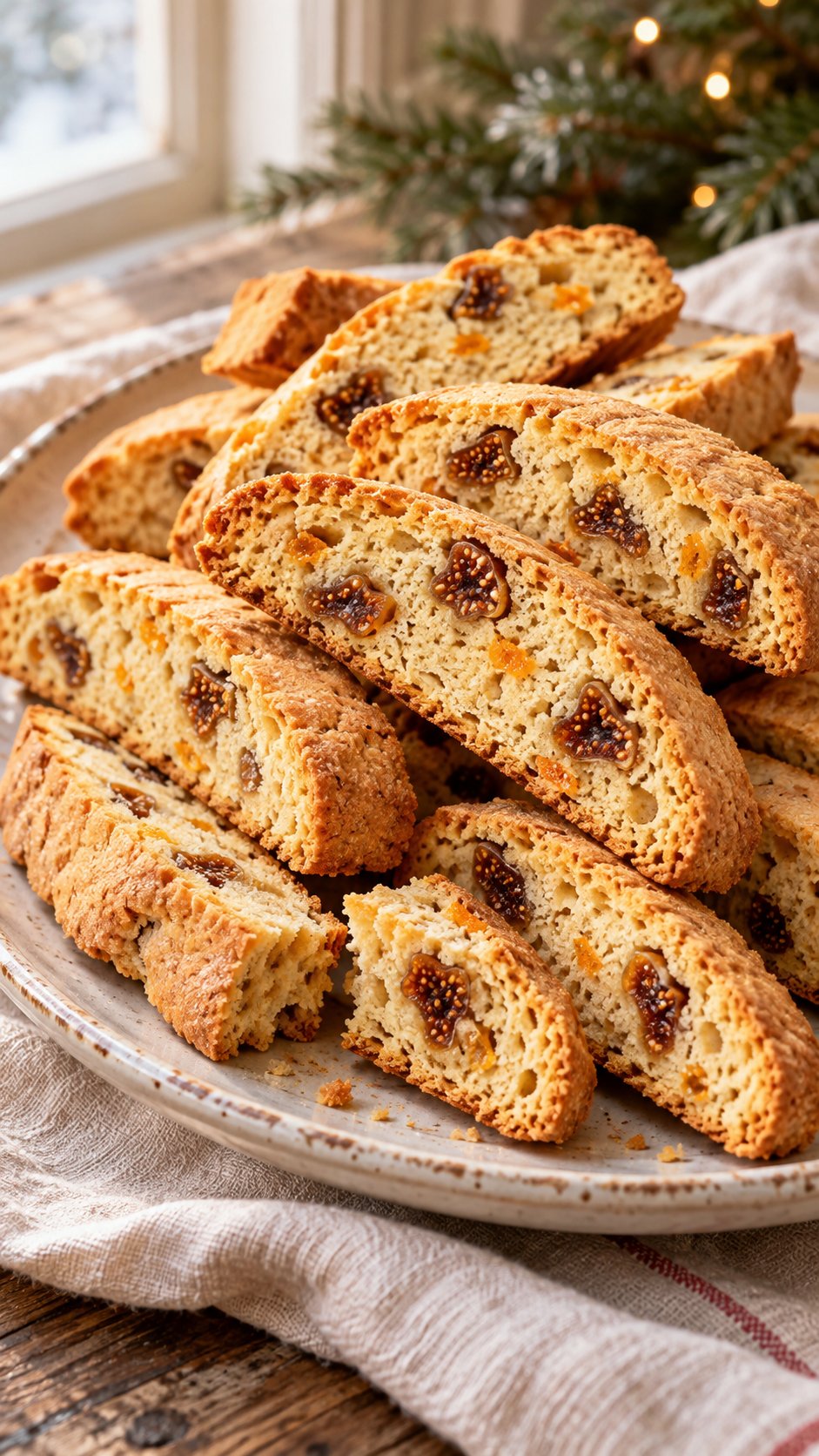 Italian-style twice-baked slices with small dried-fig pieces, visible fig seeds and fragrant orange zest.
