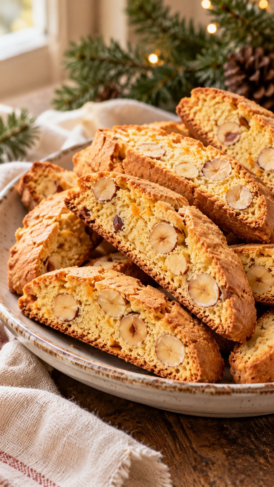 Orange-scented biscotti with chunky roasted hazelnuts and a golden crisp crust.