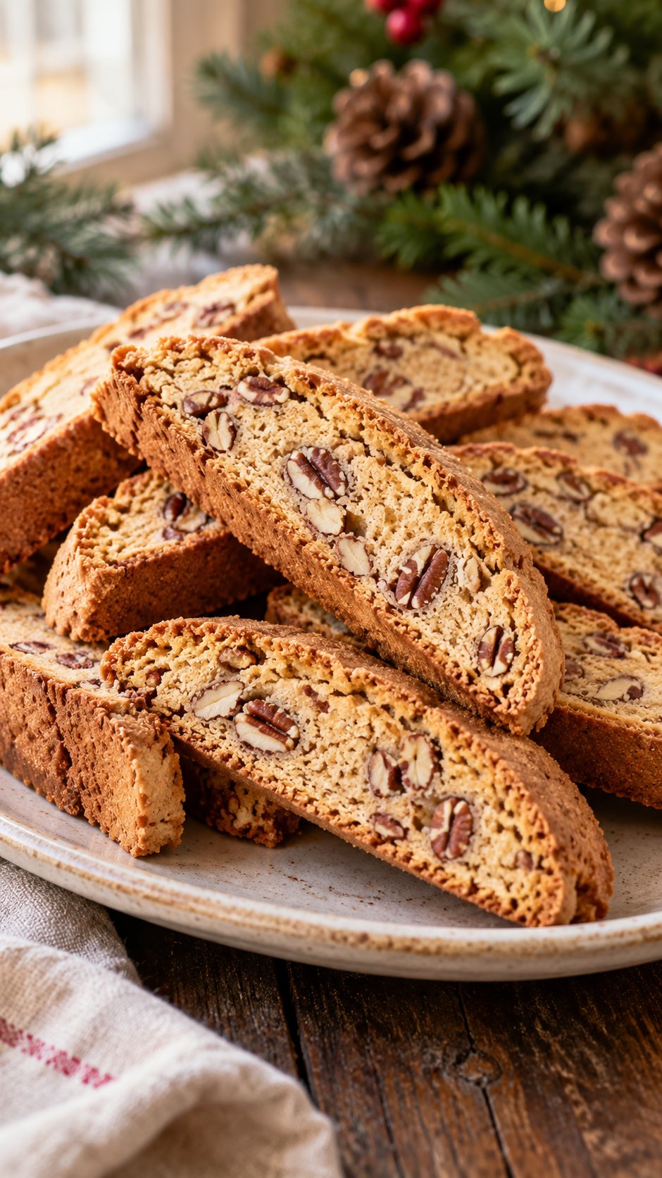 Italian-style home biscotti with pure maple syrup, pecan pieces and an amber crust.